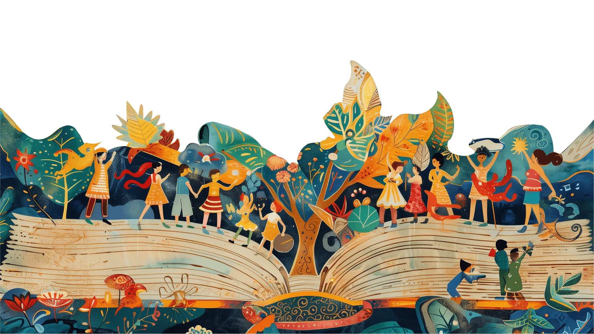 An illustration depicting a book surrounded by diverse people and animals