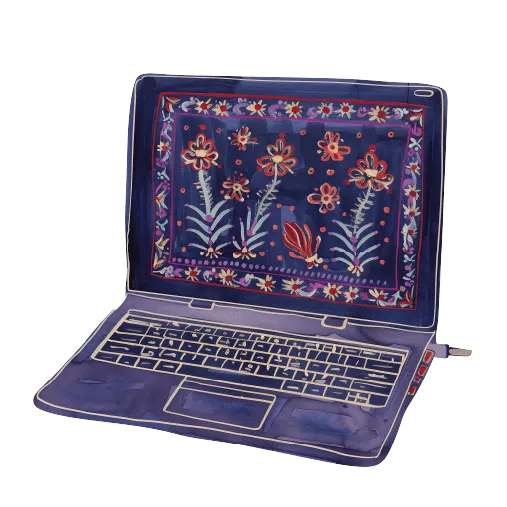 A blue laptop adorned with a delicate floral design