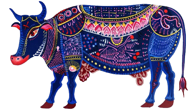 A vibrant cow adorned with an array of colorful patterns